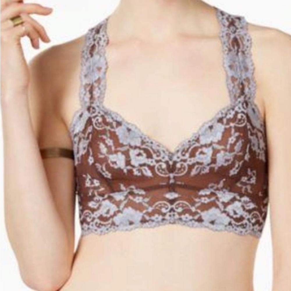 Free People Size Large Brown Blue Lace‎ Wild Roses Racerback Bralette Top